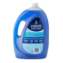 Liquid dish soap bottle, blue; back label with directions and barcode, white cap