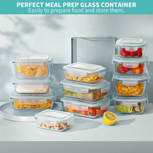 Stack of clear glass meal prep containers with blue locking lids, assorted food portions