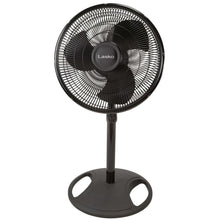Black oscillating pedestal fan with front grille and Lasko center hub