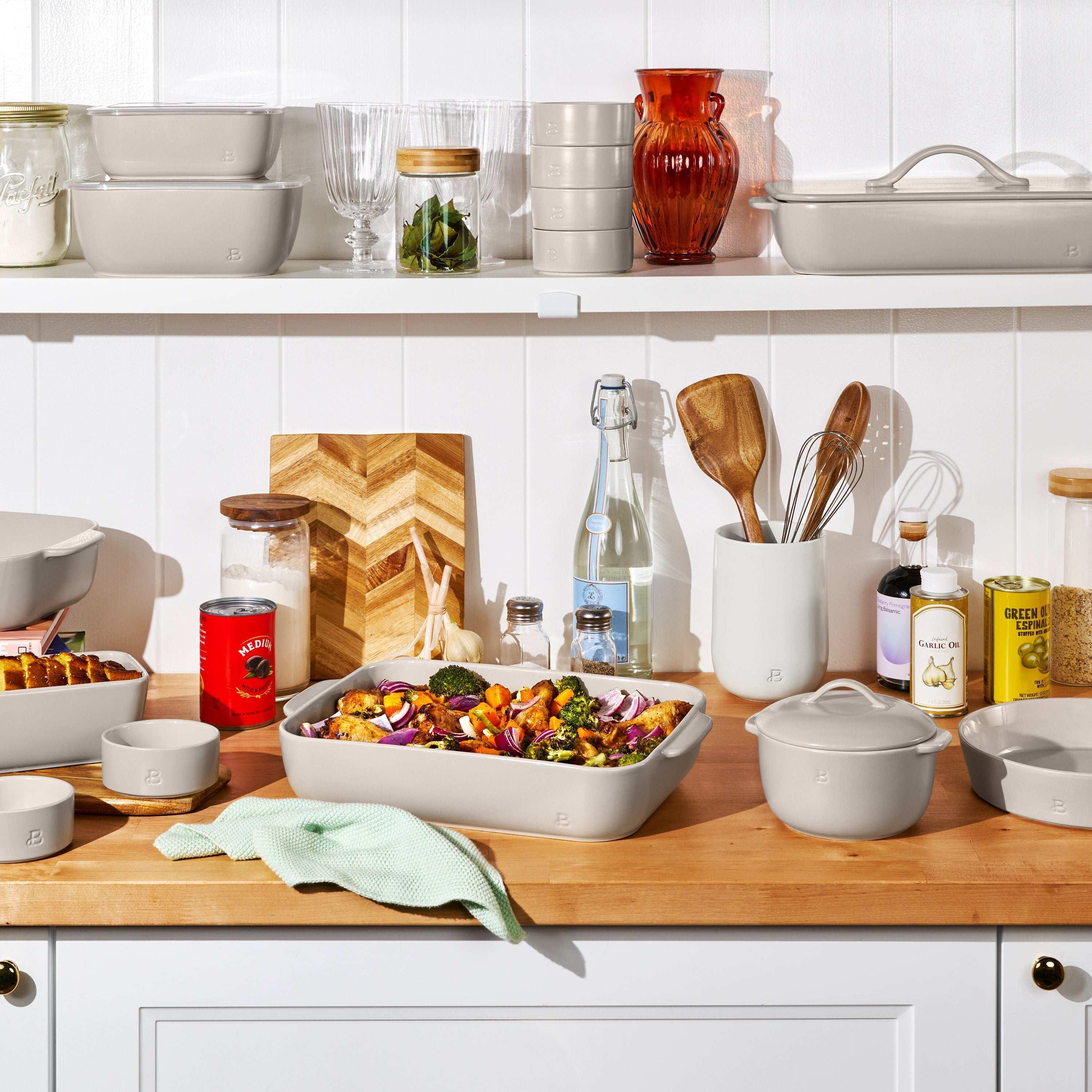 Beautiful 4-Piece Stoneware Bake and Store Set, Porcini Taupe by Drew Barrymore