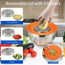 Removable grater lid with three shredding blades for a stainless mixing bowl