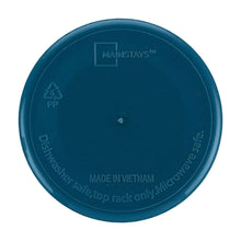Navy plastic dinner plate underside with printed safety and rack-only markings