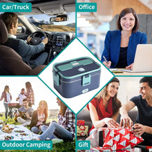 Green and blue electric lunch box with carry handle and buckle latch