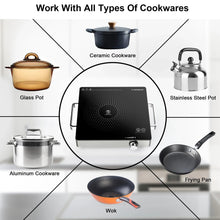 Electric single-burner hot plate with black ceramic glass top and stainless base, cookware around it