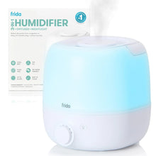 Two-in-one humidifier, white and light-blue base with front dial and lid