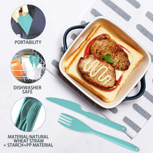 Reusable cutlery set with case plus teal fork, shown with food in a carry container