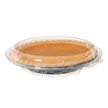 Sweet potato pie sealed in a clear plastic lid and foil pan