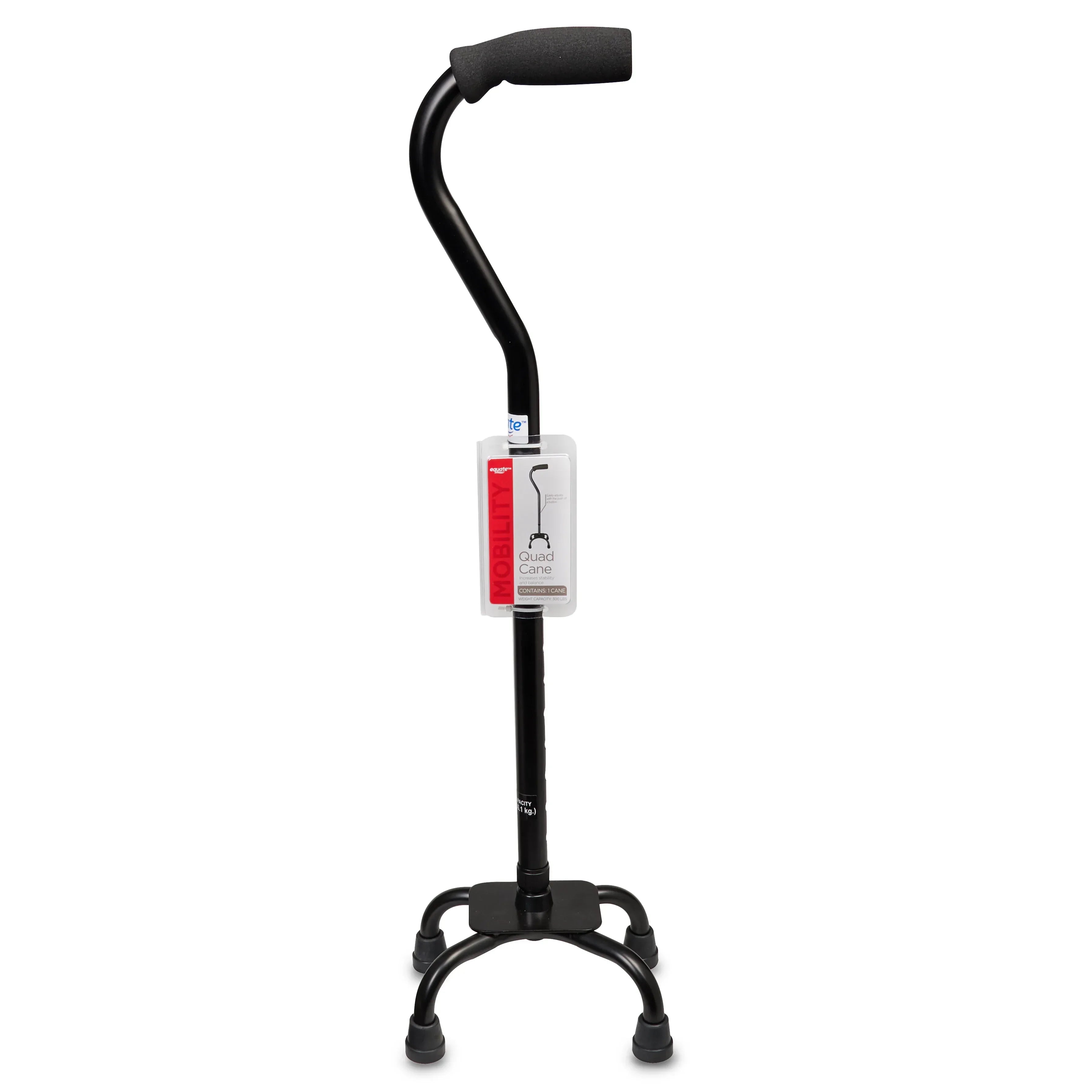 Equate Quad Walking Cane with Small Base – Height Adjustable, 300 lb Capacity