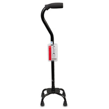 Height-adjustable quad walking cane with cushioned grip and 4-leg rubber tip base