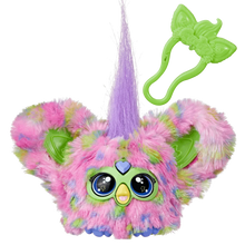 Pink, purple, and green mini electronic plush toy with horn-like tuft and big eyes