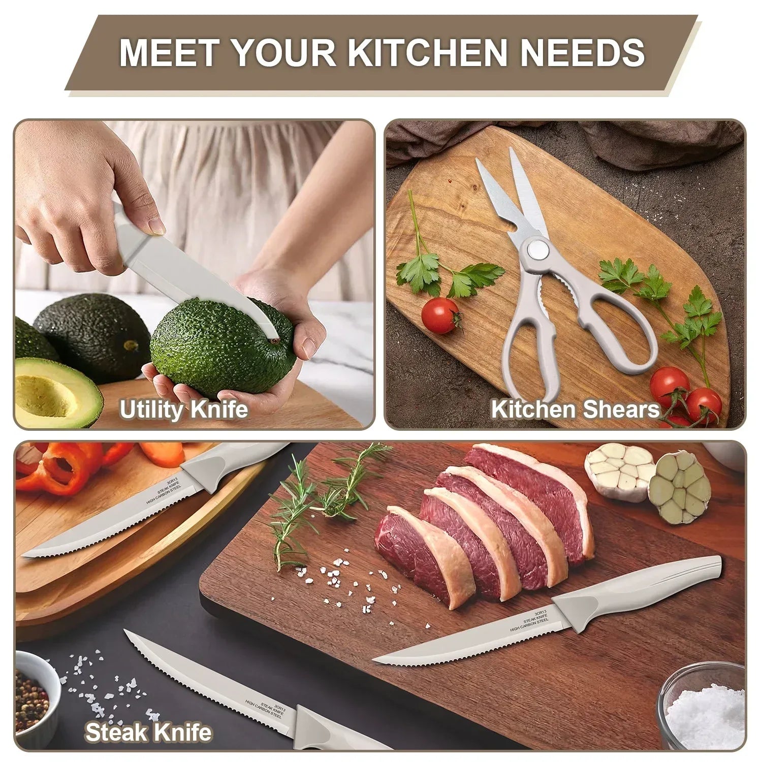 Walchoice 15 Pieces Knife Set with Block, High Carbon Stainless Steel Kitchen Knife Set with Sharpener, Rust Resistant & Dishwasher Safe - USA MEGA SHOP