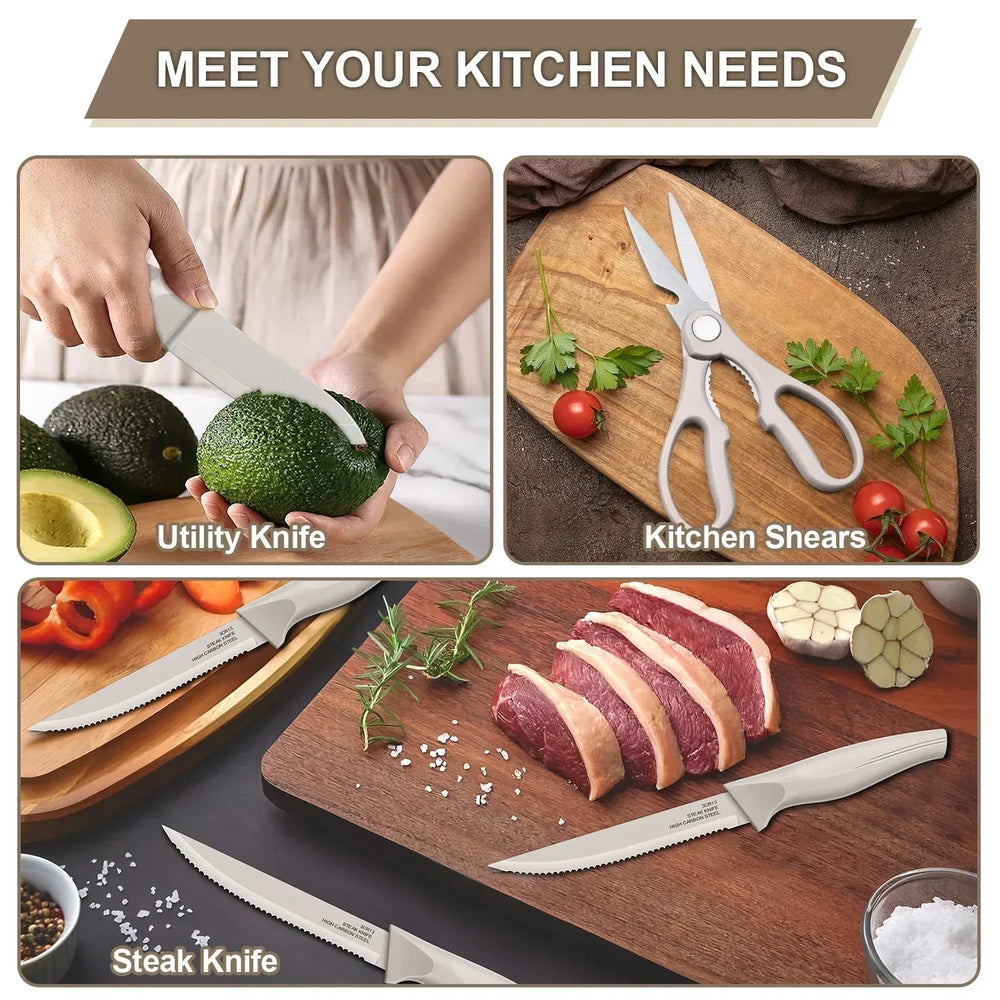 Walchoice 15 Pieces Knife Set with Block, High Carbon Stainless Steel Kitchen Knife Set with Sharpener, Rust Resistant & Dishwasher Safe - USA MEGA SHOP