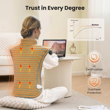 Large gray heating pad with visible heat lines, placed on a seat cushion