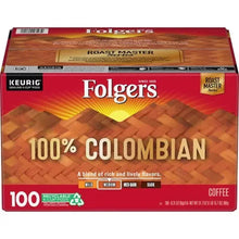 Folgers medium roast K-Cup coffee box, 100% Colombian on red package front