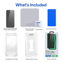 Privacy glass screen protector kit contents: tray, cleaning wipe, dust sticker, and glass