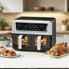 11-qt dual-basket air fryer with two baskets and digital control panel, black and silver
