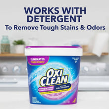 OxiClean odor blasters powder tub with text about removing tough stains and odors with detergent