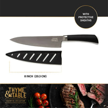 8-inch stainless steel kitchen knife with black handle and protective sheath
