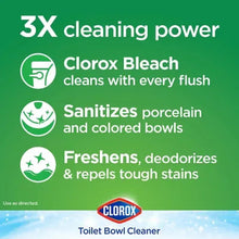 Toilet bowl cleaner tablet pack label with 3x cleaning power and Clorox Bleach