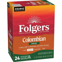 Folgers Colombian decaf coffee K-Cup box, 24 count, front and top labels