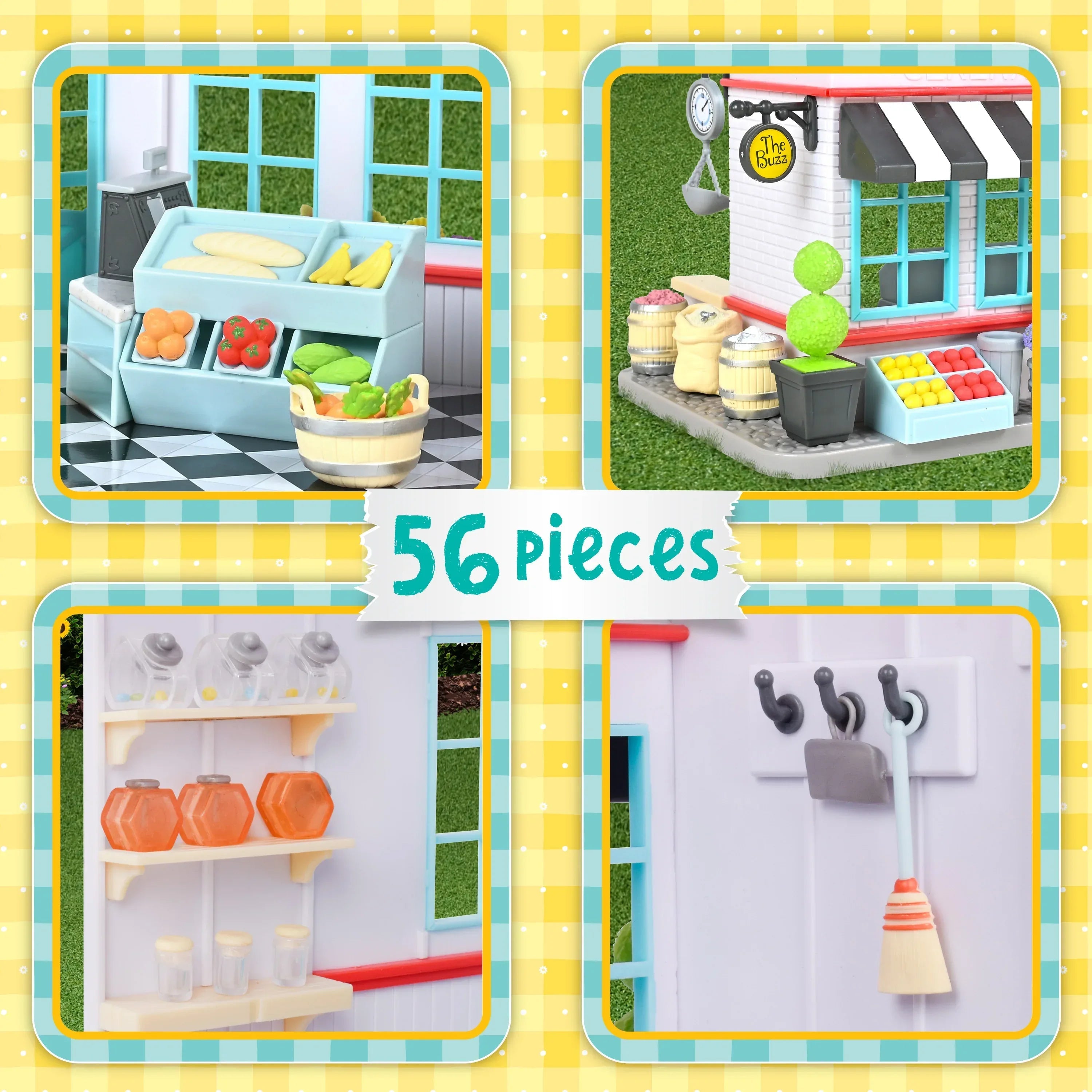 Honey Bee Acres The Buzz General Store - Complete Dollhouse Playset with Miniature Doll Figure, 56 Pieces, Children Ages 3+