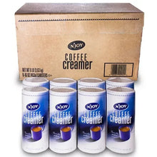 N'Joy coffee creamer box with eight blue-and-white canisters