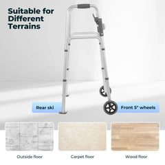 Naipo Compact Folding Walker with Trigger Release and Glide Skis for Seniors Elderly, 5 Inches Front Wheels Support Up to 350lbs, Silver