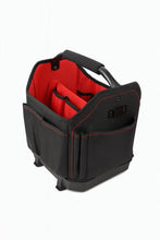 Tool tote organizer with black exterior, red interior, side pockets, and reinforced carry handle.