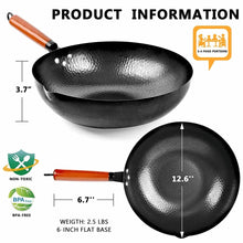 Carbon steel wok pan with 12.6 in diameter and 6.7 in flat base, with wooden handle