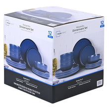 Blue stoneware dinnerware set box, side angle, 12 pieces