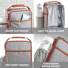 Gray insulated lunch bag with orange trim, top carry handle, front slip pocket
