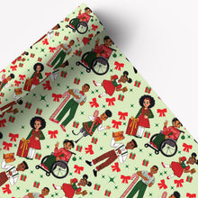Pale green wrapping paper with diverse children, gifts and red bows