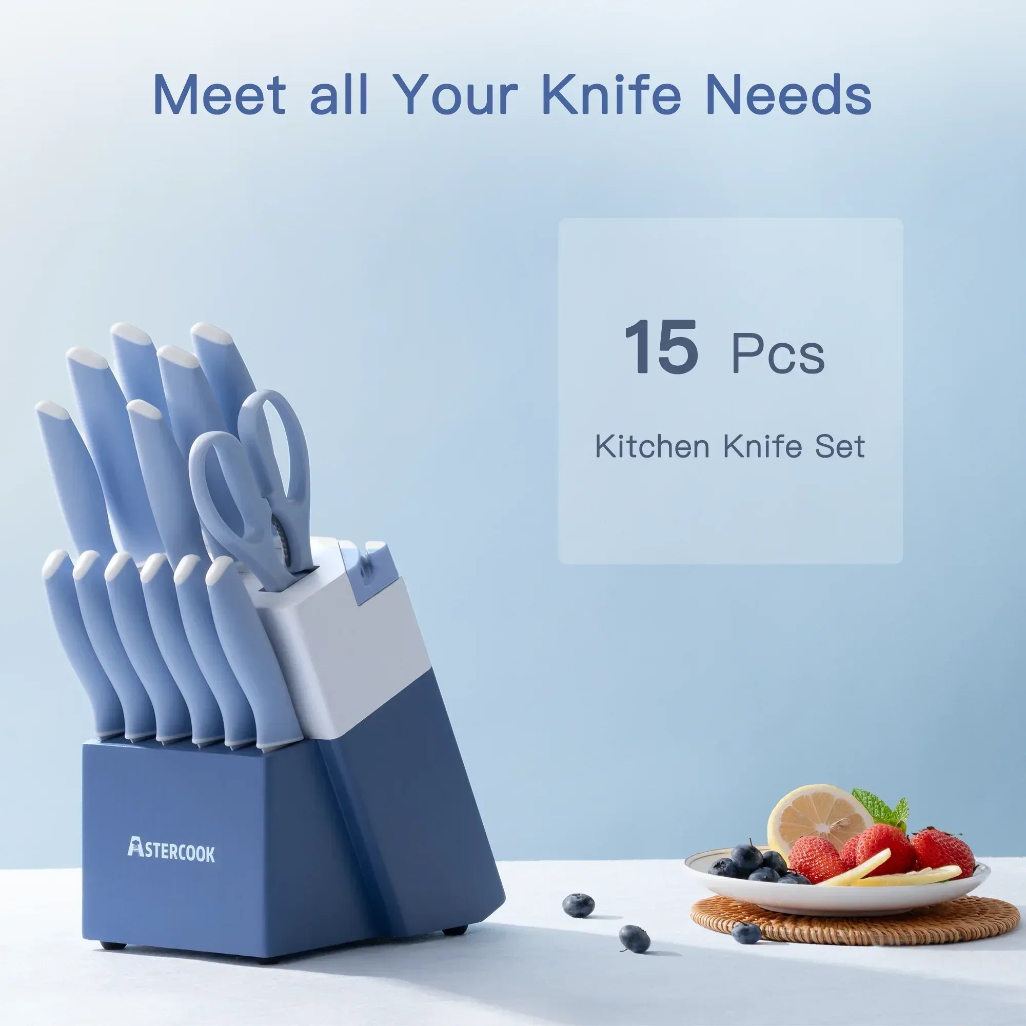 Astercook Knife Set, 14 Pieces Kitchen Knives Set with Healthy Anti-Rust Coating, Stainless Steel Knife Sets with Built-in Sharpener, Sharp & Rust Resistant Dishwasher Safe