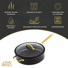 Black non-stick sauté pan with glass lid and gold handle