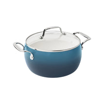 Denim blue ceramic non-stick pot with glass lid and side handles