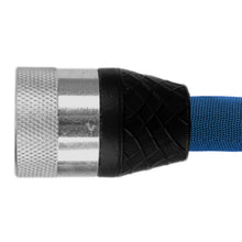 Lightweight hose fitting with textured silver collar, black end cap, and blue hose