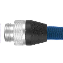 Lightweight hose fitting with silver metal collar, black end cap, and blue hose