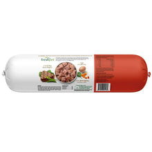 Chunky beef slice-and-serve dog food roll back label with barcode
