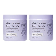 Niacinamide body scrub jars, purple label, two-pack close view