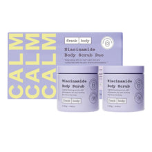 Niacinamide body scrub 2-pack with purple tubs and matching box
