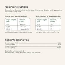 Homestyle dog food feeding instructions and guaranteed analysis nutrition chart panel.
