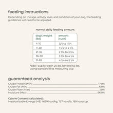 Feeding instructions and guaranteed analysis nutrition chart for dog food