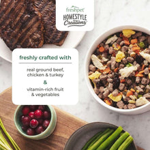 Homestyle dog food bowl with beef, chicken & turkey mix and product bag.