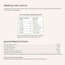 Feeding instructions and guaranteed analysis chart for Freshpet dog food