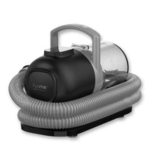 Pet grooming vacuum unit with curved handle, clear dust chamber, and flexible vacuum hose