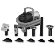 Pet grooming vacuum kit with gray corrugated hose and black brush head attachments set