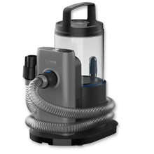 Pet grooming vacuum canister with attached flexible hose, dark gray