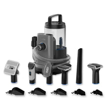 Pet grooming vacuum canister with assorted nozzles and brush heads, dark gray