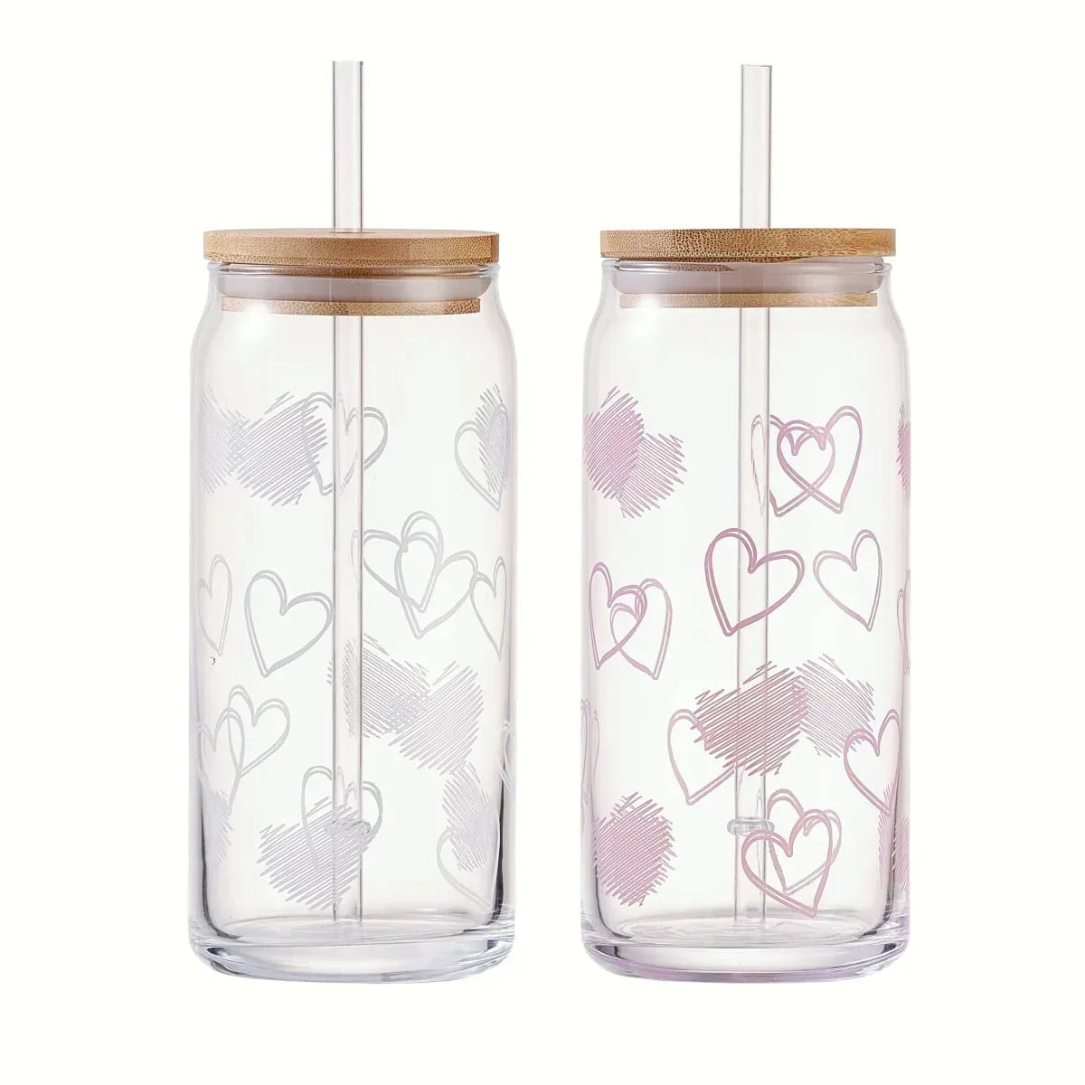 Mainstays Glass 20 oz Can Sipper Pink and White Heart, 2 Pack