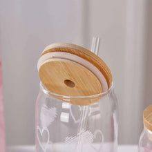 Glass sipper jar with bamboo lid and clear straw, pink-and-white heart print
